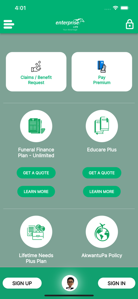 Enterprise Advantage - Enterprise Advantage app dashboard showing life insurance plans and policy management options