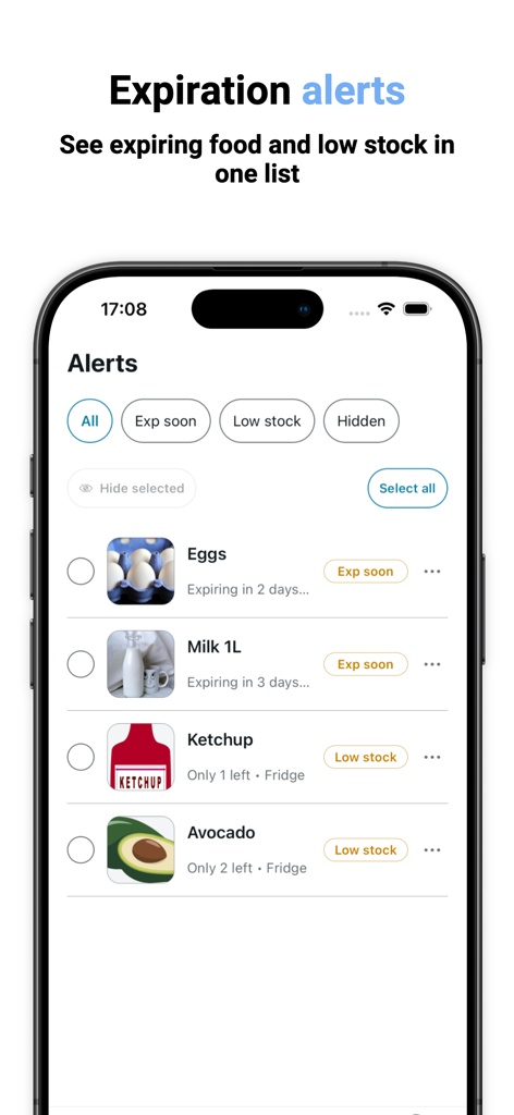 Pantra: Pantry Inventory - Smartphone screen showing food expiration and low stock alerts in the Pantra app