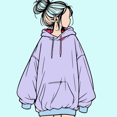 realistic girl with a oversized sweatshirt on and a bun