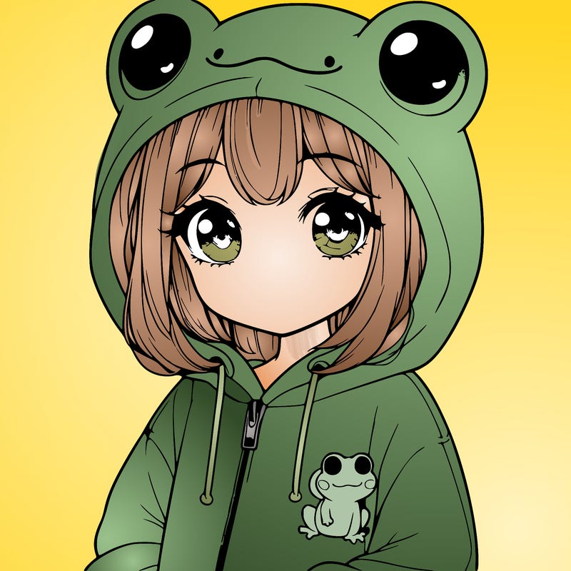 cute realistic girl in a froggy hoodie