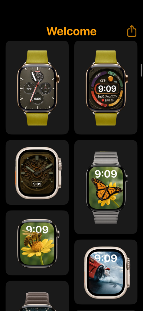 ギャラリービューで、自然、車、メカニカルデザインを含むさまざまなApple Watchフェイステーマのコレクション。