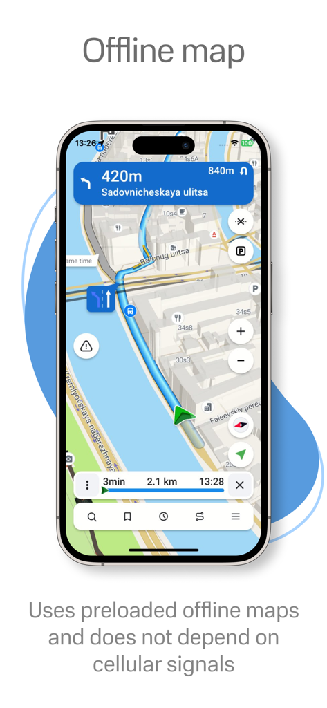 Navitel Navigator - La aplicación Navitel Navigator muestra navegación 3D sin conexión y guía de ruta en un smartphone.