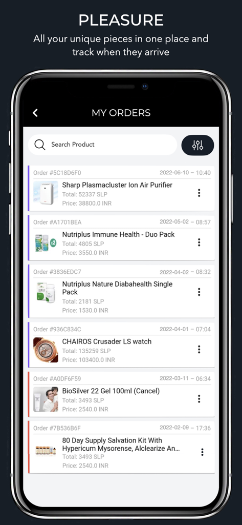 Smazing Marketplace - Smazing Marketplace app screen displaying the order history and tracking for luxury products like watches and health supplements.
