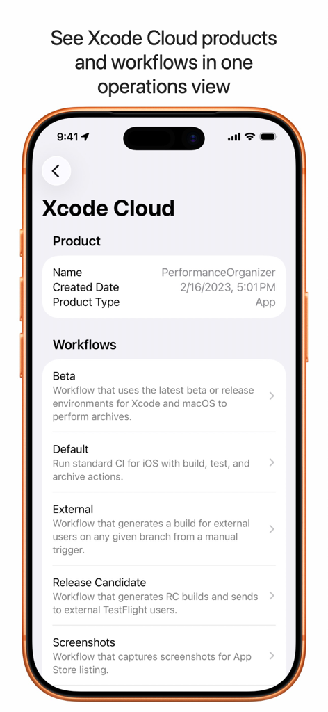 Performance Organizer - Xcode Cloud-Produktdetails und Liste automatisierter Workflows in der Performance Organizer-App