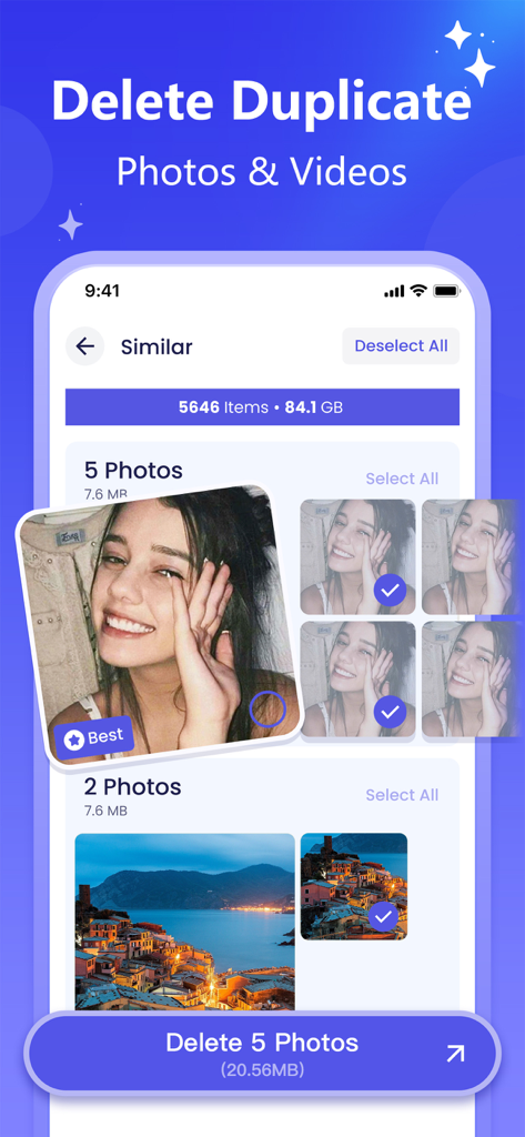 Interface showing the Pure Cleaner app identifying and selecting duplicate photos for deletion to free up storage space.