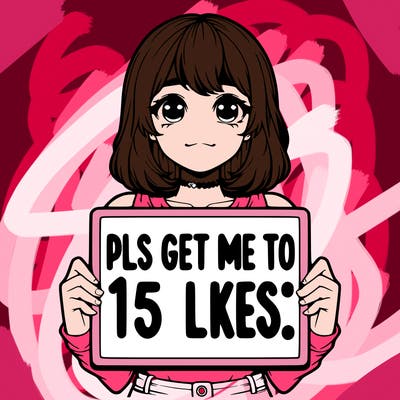 realistic girl holding up a sign that says “pls get me to 15 likes!”