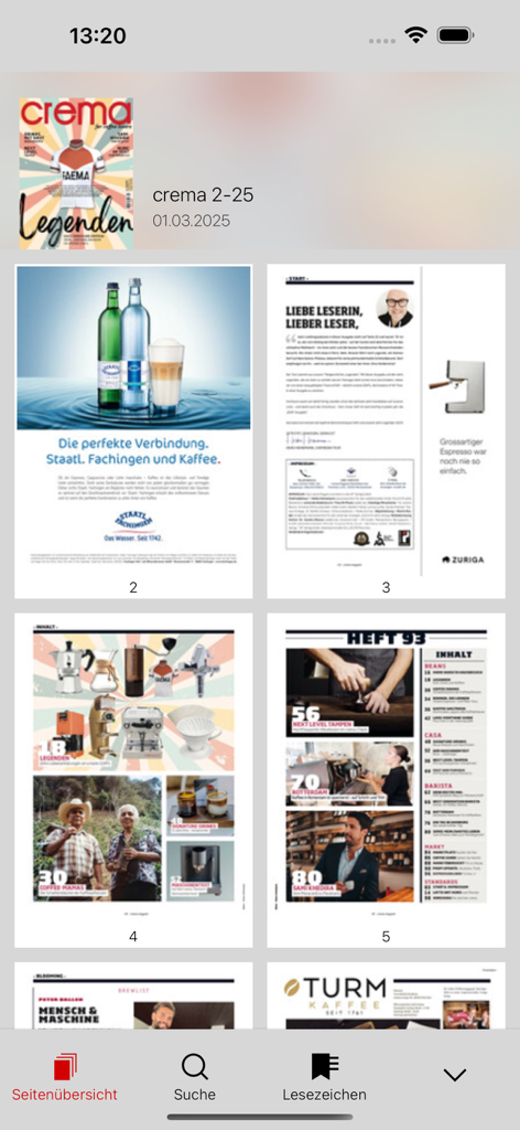 crema Magazin - A digital overview of crema Magazin showing various pages including coffee equipment and feature articles.