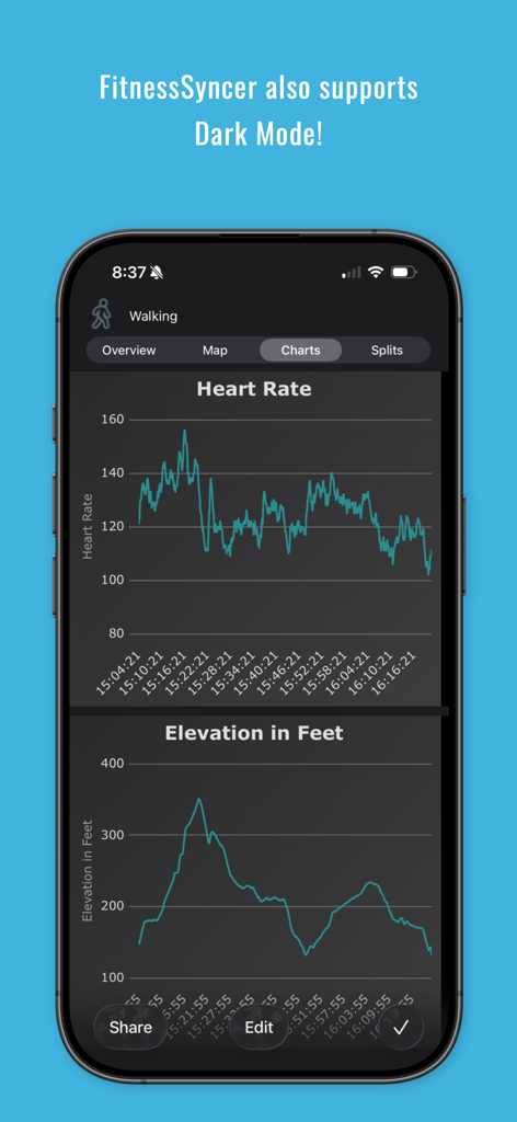 Interfaz de la aplicación FitnessSyncer en modo oscuro que muestra gráficos de frecuencia cardíaca y elevación durante una actividad de caminata.