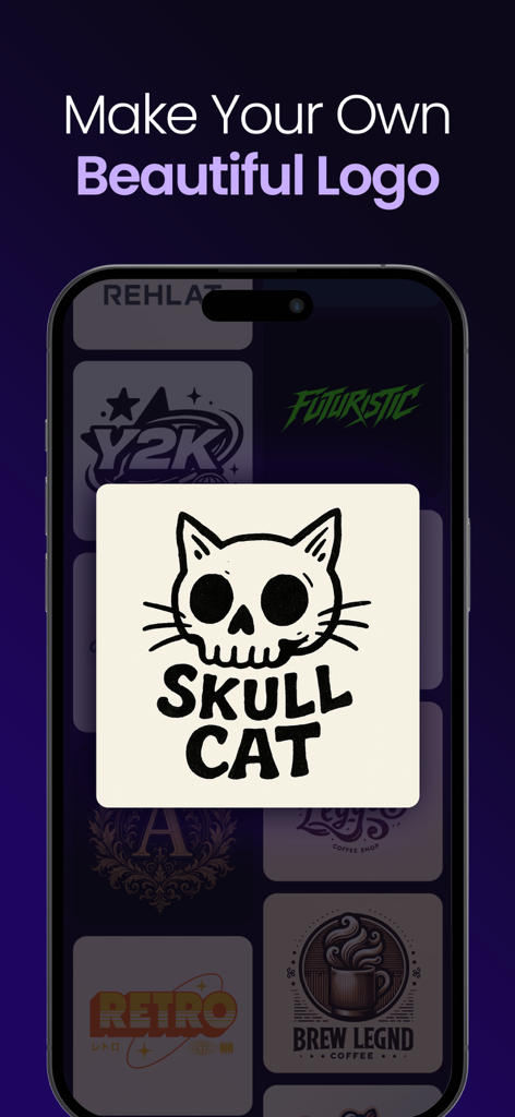 AI Logo Maker - Logi - Logi AI Logo Maker app interface displaying a skull cat logo design and various branding styles for social media and business.