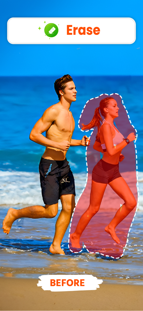 Magic Eraser:Remove Background - Magic Eraser app interface showing a person selected to be removed from a beach photo