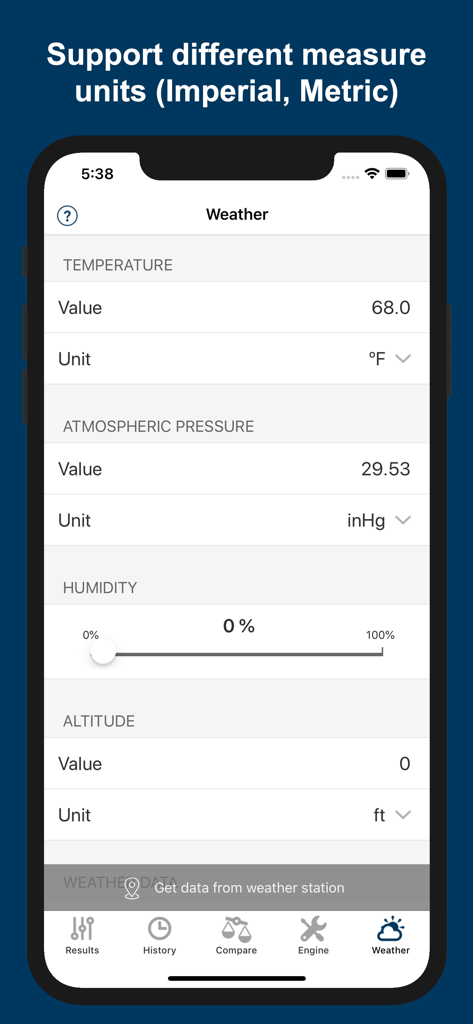 Jetting IAME KZ1 / KZ2 Kart - Tela de dados meteorológicos mostrando unidades de medida imperiais para ajuste de motor de kart