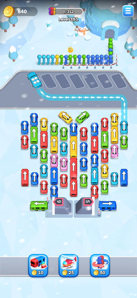 Car Jam 3D: Bus parking Master - Gameplay of Car Jam 3D featuring a winter themed traffic parking puzzle with color coded cars and passengers