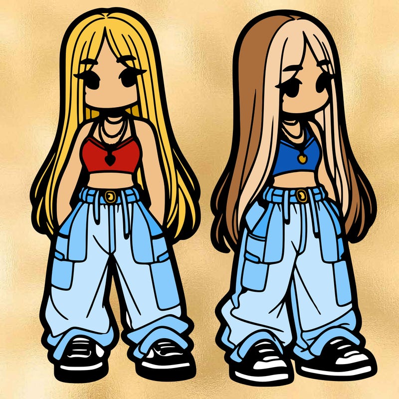 girl in baggy pants crop top and long hair