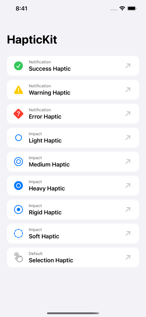 The HapticKit app interface displaying a list of built-in iOS haptic feedback types like success, warning, and impact.