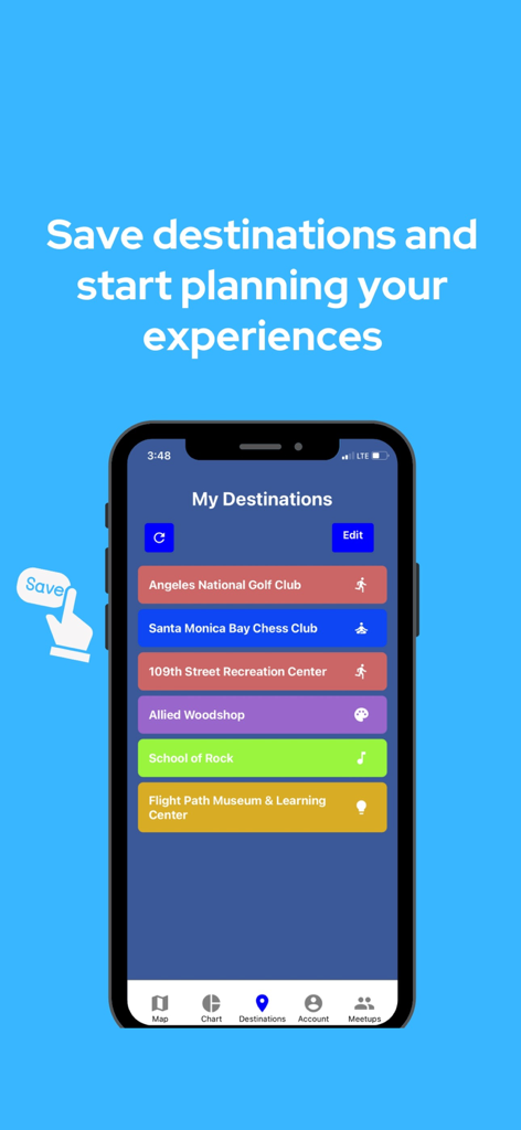 Know Yourself - Self Discovery - Smartphone screen displaying the My Destinations list in the Know Yourself app with various curated Los Angeles locations