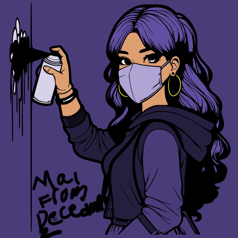 realistic girl with mask spray painting a wall