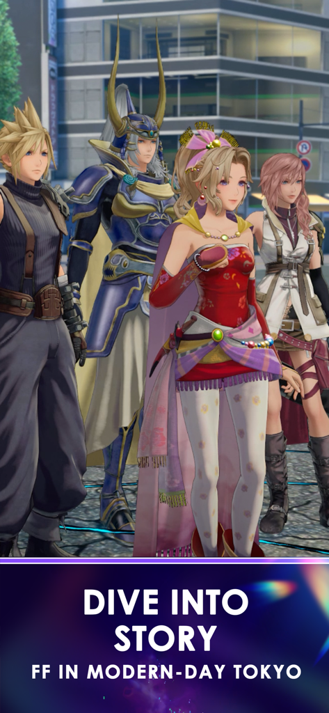 Final Fantasy characters Cloud Lightning Terra and Warrior of Light in a modern Tokyo street
