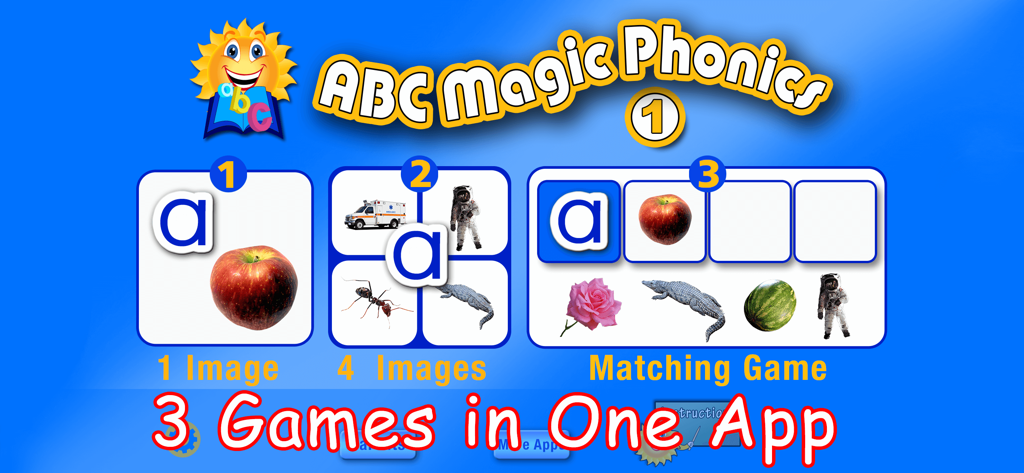 ABC MAGIC PHONICS - ABC Magic Phonics main menu displaying three different game modes for learning lowercase letter sounds.