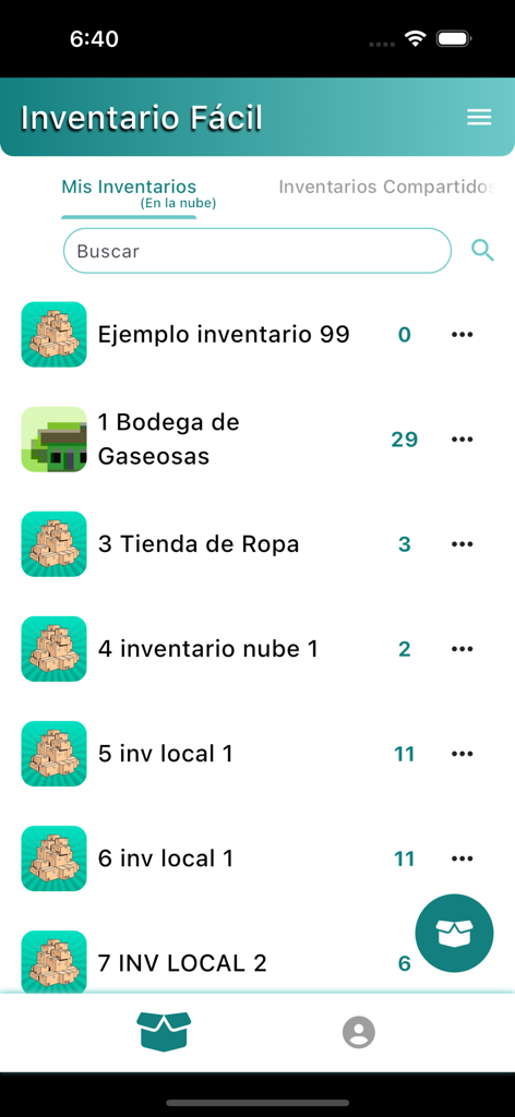 Inventario Facil - Panel de la aplicación Inventario Fácil mostrando una lista de varios inventarios de negocios como almacenes y tiendas de ropa