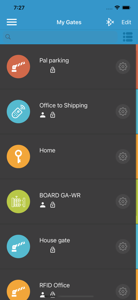 List of managed gates and barriers in the PalGate mobile app dashboard