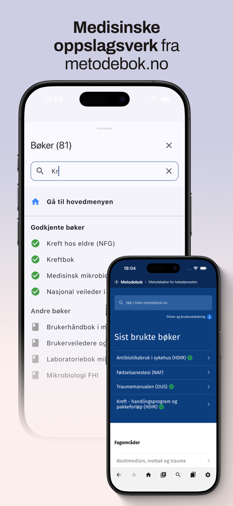 Metodebok Nett - Metodebok Nettアプリのインターフェース。2つのモバイル画面に、検索可能な医療参考書籍と臨床プロトコルが表示されています。