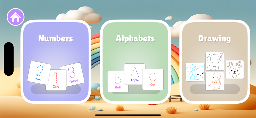 Main menu of the Relax and Draw coloring book app featuring numbers alphabets and drawing categories