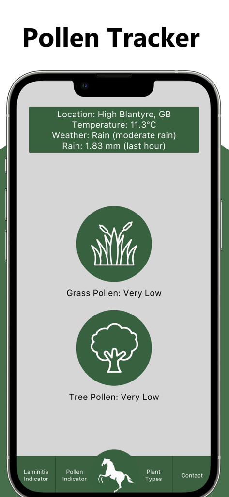 Mobile screen showing grass and tree pollen levels with weather details for horse health monitoring.