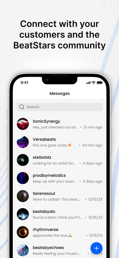 Interface do aplicativo BeatStars Studio mostrando a lista de mensagens para conectar-se com clientes e a comunidade musical