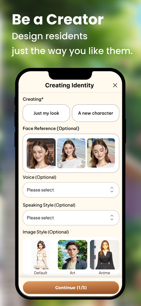 Enjoy - AI Town: the Game - Interface of Enjoy AI Town game showing character identity creation with options for face reference and image styles.