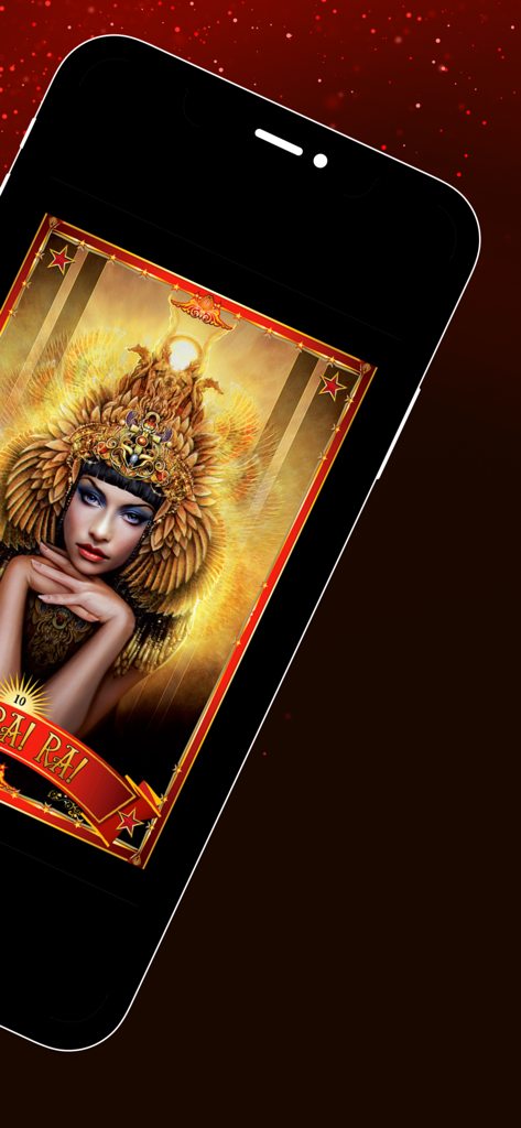 Divine Circus Oracle - iPhone screen displaying a vibrant oracle card from the Divine Circus app featuring a woman in elaborate gold winged headwear.