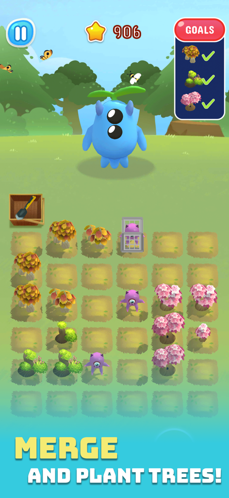 Bumi: Next stop, Earth! - A mobile game screenshot of Bumi Next stop Earth showing the merge mechanic to plant trees and restore forests