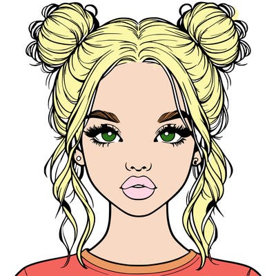 realistic girl with two buns in hair and lips