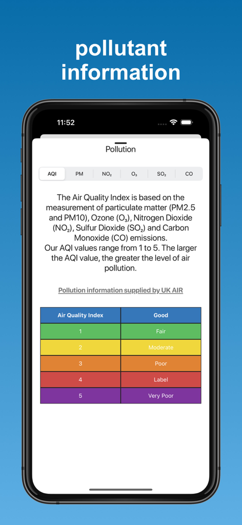 Uma captura de tela do aplicativo Haze mostrando um gráfico codificado por cores que explica os diferentes níveis do Índice de Qualidade do Ar, de bom a muito ruim.