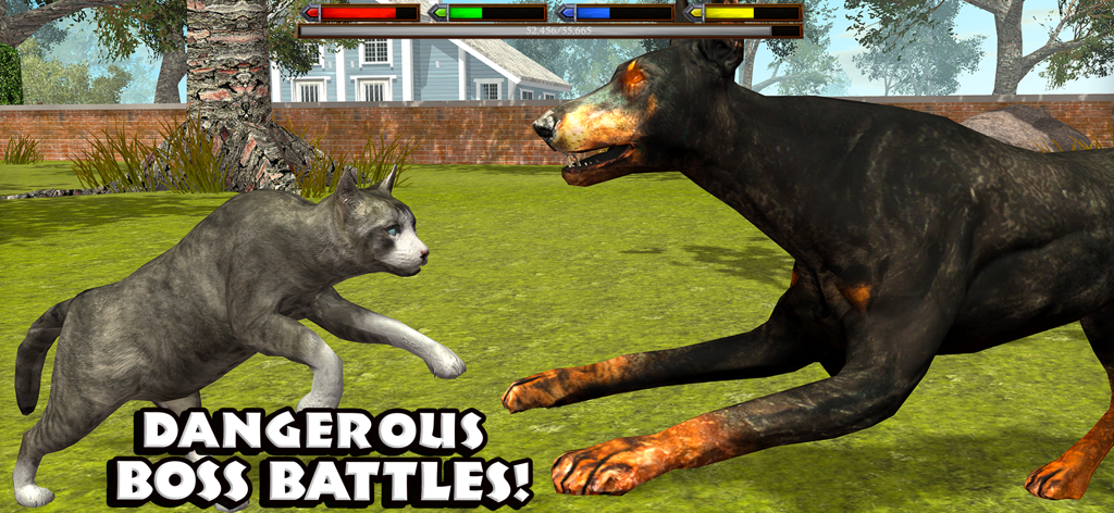 Ultimate Cat Simulator - Um gato cinza e branco enfrentando um grande cachorro preto em um cenário de batalha contra chefe.