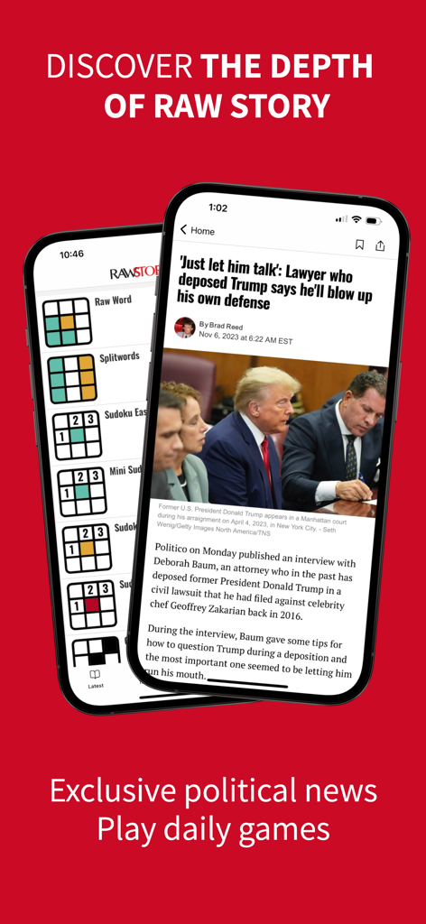 Raw Story - Raw Story app interface displaying a political news article and a menu of daily brain games like Sudoku and word puzzles