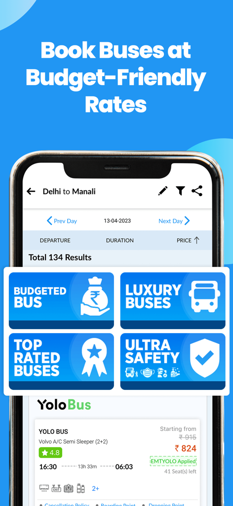 EaseMyTrip mobile app screen showing options to book budget and luxury buses for travel in India