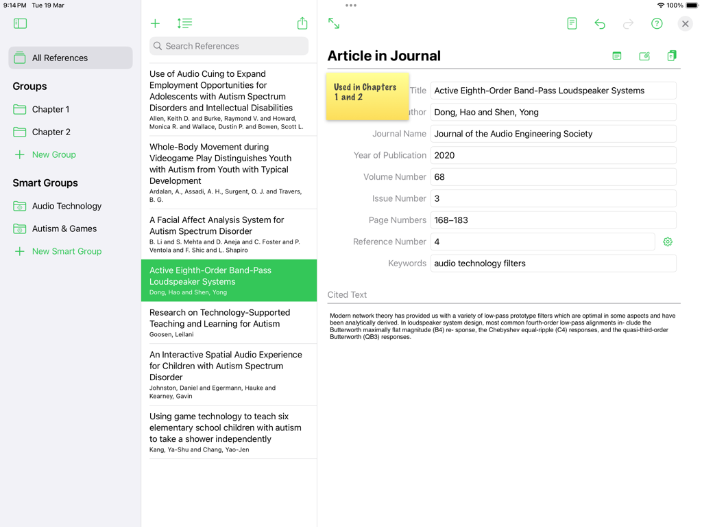 Reference Tracker - Reference Tracker iPad app interface showing journal article details and research categories.