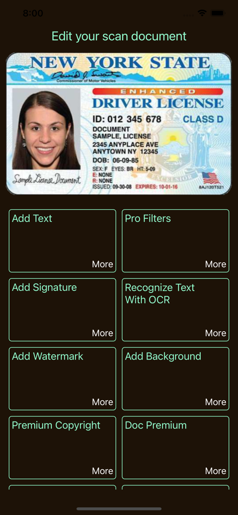 Genius PDF & Document Scanner - Genius PDF Scanner app interface showing document editing tools for a scanned driver's license