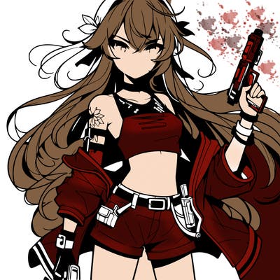 bad girl wearing crop top holding a gun long hair anime
