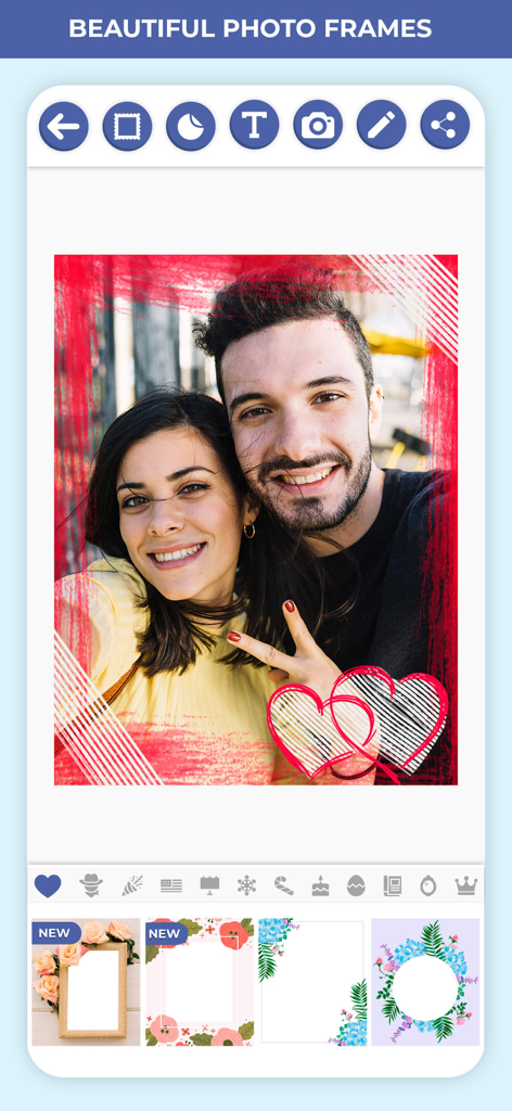 Frames 2026 Photo Editor day - A romantic photo frame of a smiling couple in the Frames 2026 editing app interface