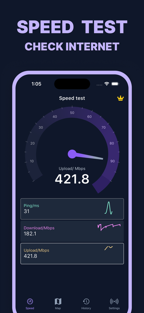 Interface do aplicativo WiFi Connect exibindo um teste de velocidade de internet com velocidades de upload e download