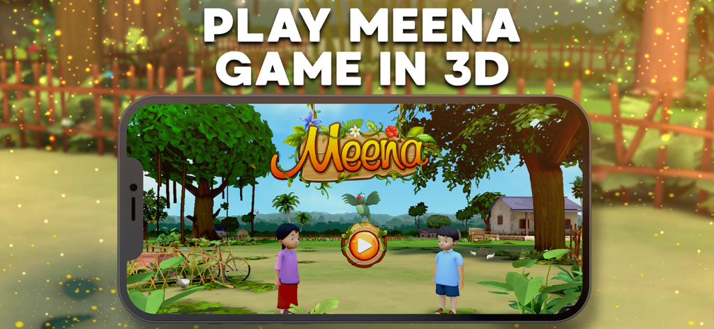 Meena Game 2 - Pantalla de inicio de Meena Game 2 en un teléfono móvil que muestra a los personajes Meena y Raju en una aldea 3D
