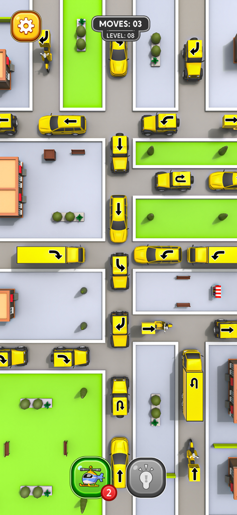 Una vista cenital de un juego de puzzles de atascos en 2D con coches y camiones amarillos en una cuadrícula urbana.