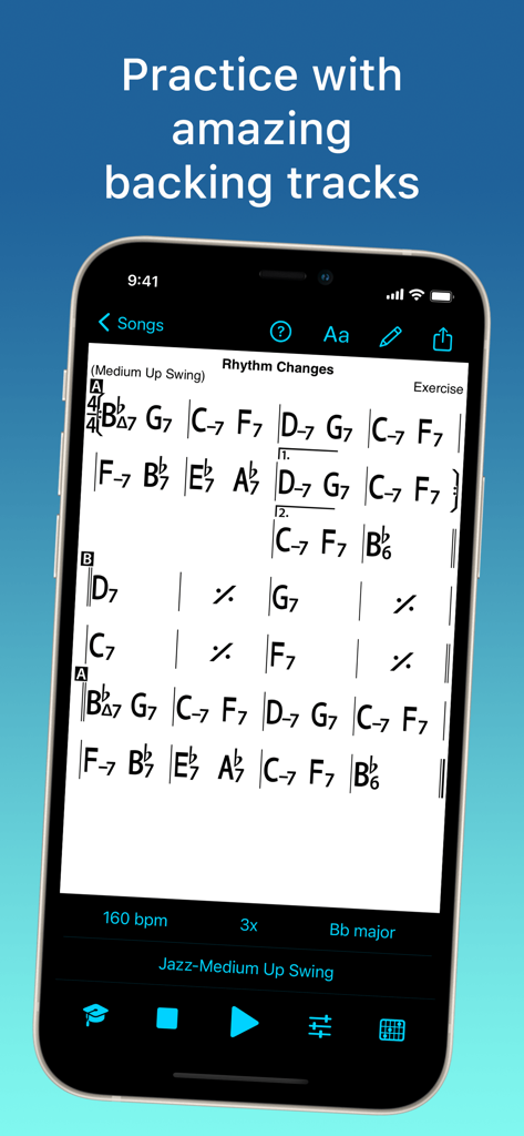 iReal Pro - iReal Pro app screen showing a jazz chord chart for Rhythm Changes with backing track controls