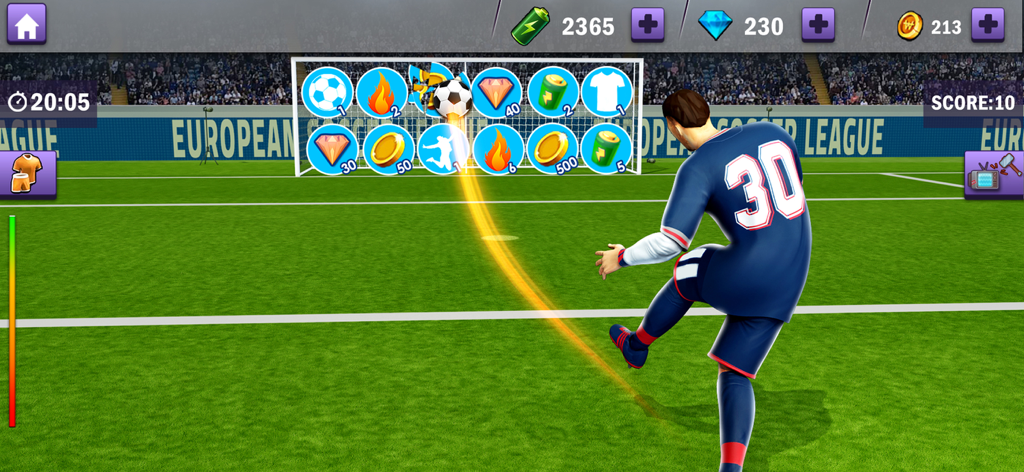 Real Soccer – Football Games - スタジアムのゴール内のターゲットに向かってボールを蹴るサッカー選手。