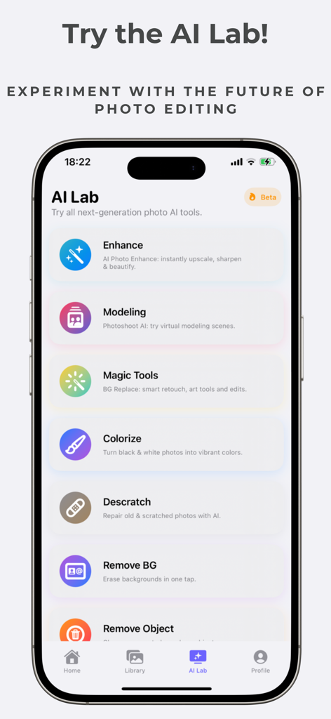 PhotoTool - AI Photo Enhancer - The AI Lab interface of PhotoTool showing features like photo enhancement, modeling, colorization, and background removal.