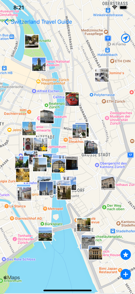 도시 명소와 사진 마커, 핀이 표시된 여행 가이드 앱의 대화형 지도 인터페이스.