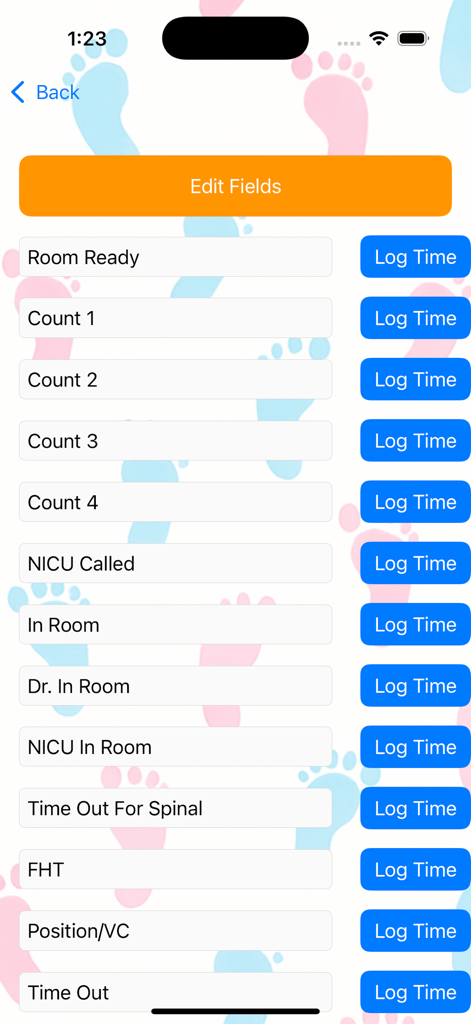 Labor & Delivery Assistant - A screen of the Labor and Delivery Assistant app showing an OR time logger with fields like Room Ready, NICU Called, and Dr. In Room alongside buttons to log the time.