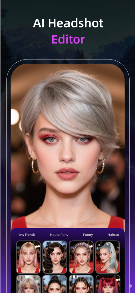 Una mujer usando el Editor de Retratos con IA de Pixnova para previsualizar varios peinados y tendencias de maquillaje.