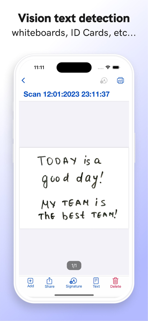 DocSignアプリとビジョンテキスト検出機能が手書きのメモをスキャンしている様子が表示されたiPhone画面